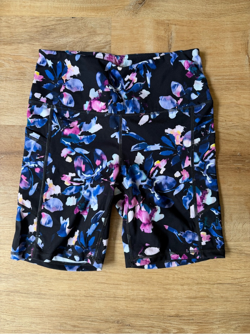 GAIAM Black Floral Athletic Shorts with Blue and Pink Accents